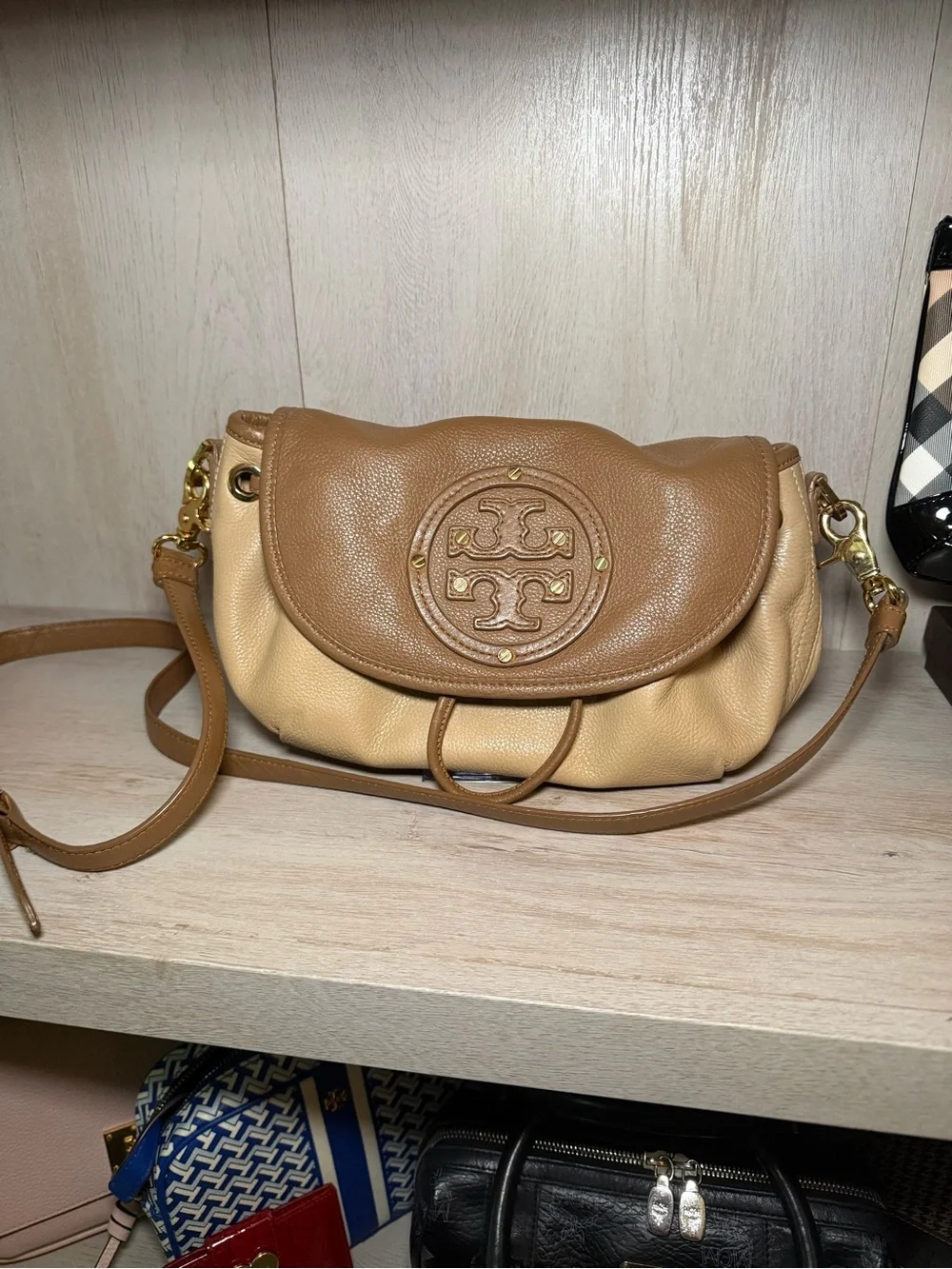 Tory Burch Two-Tone Camel and Beige Pebbled Leather Crossbody